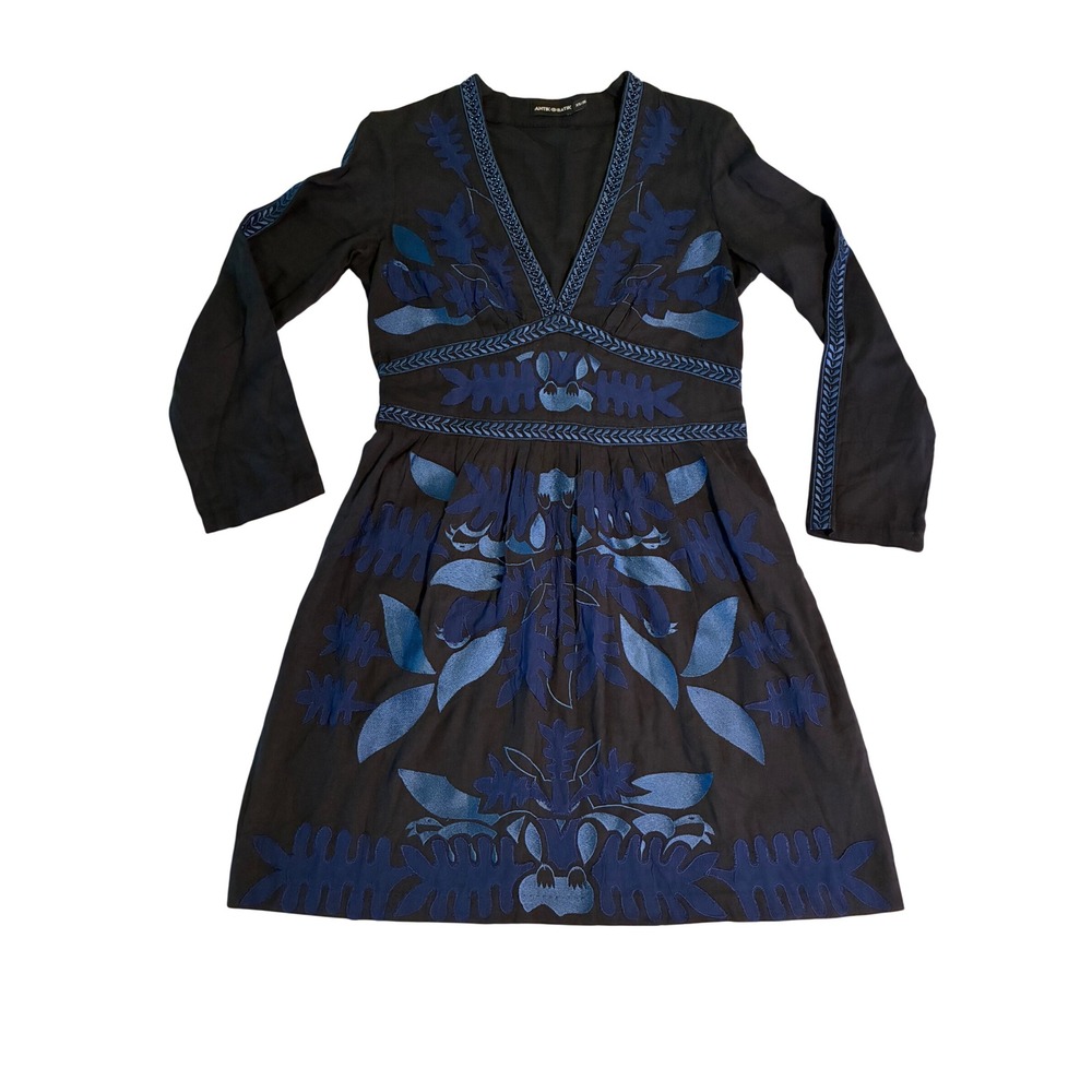 Antik Batik Womens XS Black Blue Embroidered Floral Applique V-Neck Mini Dress